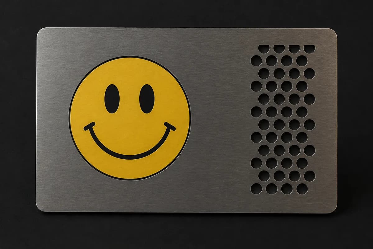 Smiley Collection retro-inspired metal card for cannabis dispensary promotions - All Metal Ads